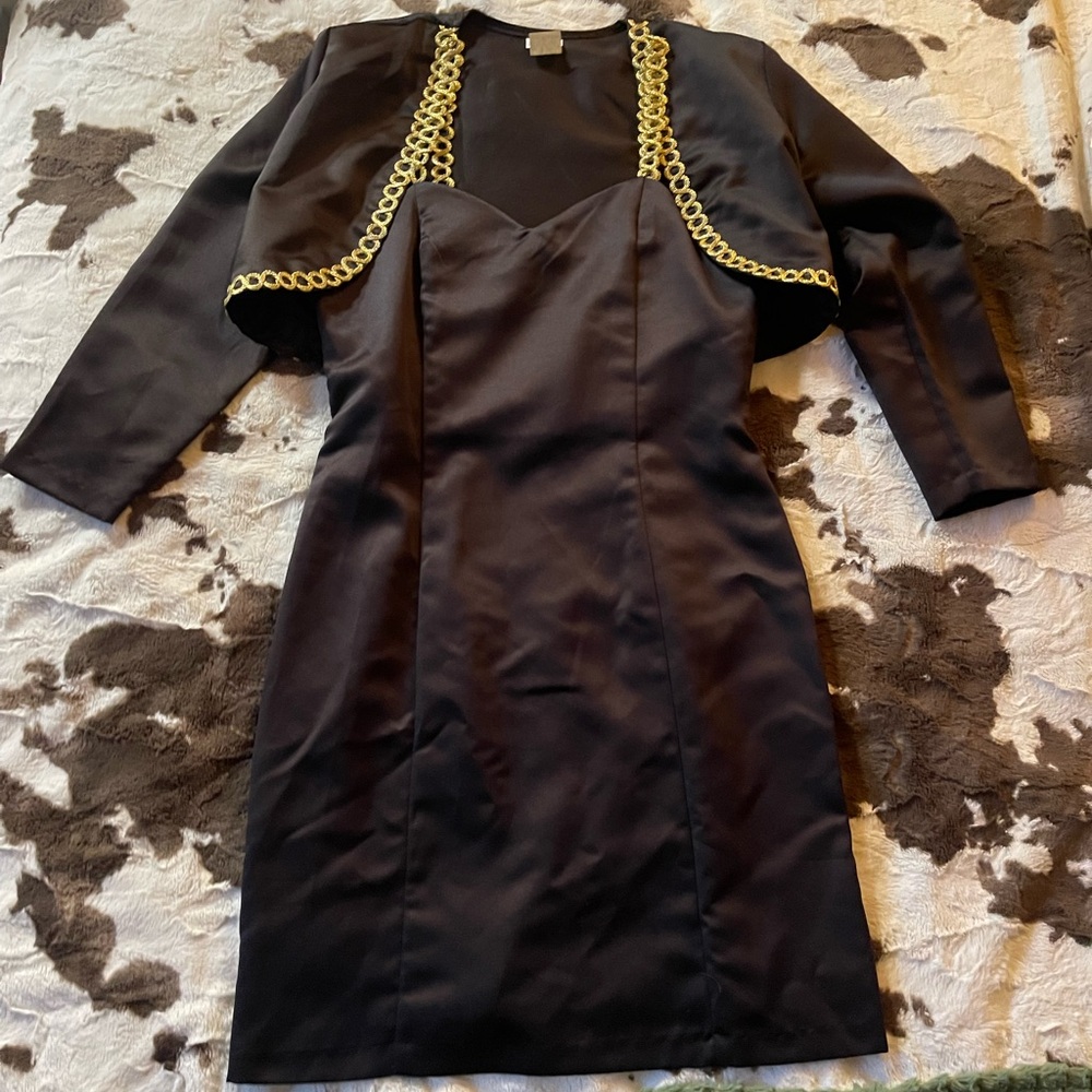 style works black and gold dress and cropped blazer set
